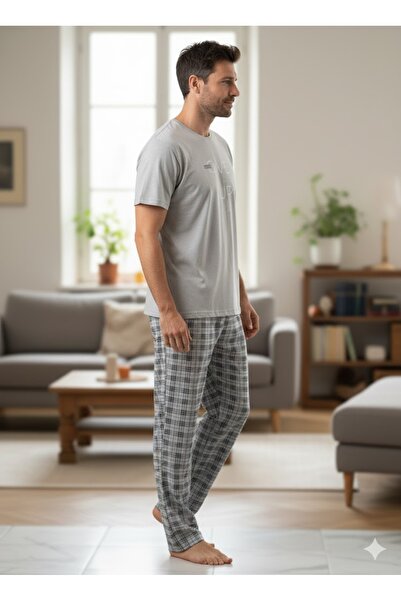 FAMES PİJAMA SET DE PIJAMĂ ALBASTRU CU MÂINI SCURTĂ PENTRU BĂRBAȚI