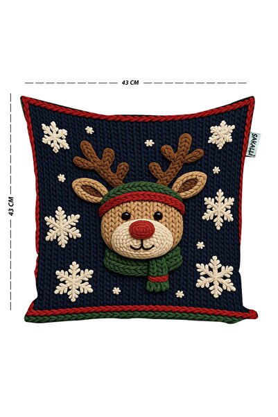 Pillow Home Punch Görünümlü Geyik ve Kar Tanesi Desenli Yılbaşı Temalı Dijital Baskılı Kırlent Kılıfı 2li