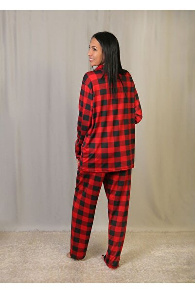 emsal özgür tekstil Kırmızı Ekose Desenli Pamuklu Gömlek Yaka Pijama Takımı Battal Kesimiyle Konforlu Rahat Ve Şık