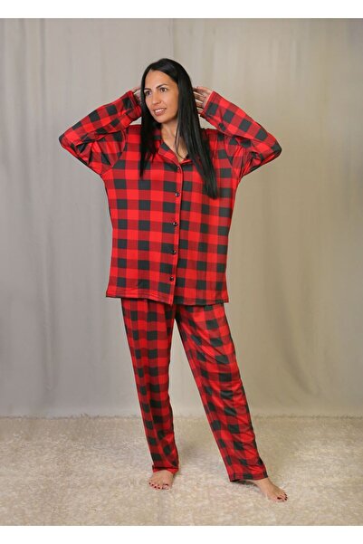 emsal özgür tekstil Kırmızı Ekose Desenli Pamuklu Gömlek Yaka Pijama Takımı Battal Kesimiyle Konforlu Rahat Ve Şık