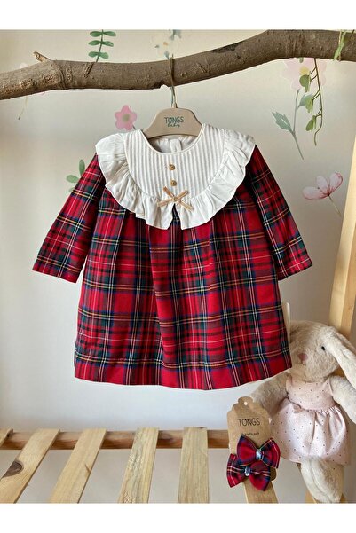 Butik Kız Bebek Ekose Desenli Tokalı Elbise