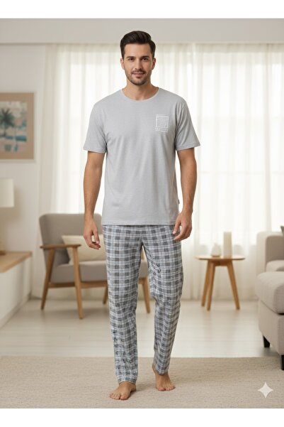 FAMES PİJAMA Men's Gray Short Sleeve Pajama Set