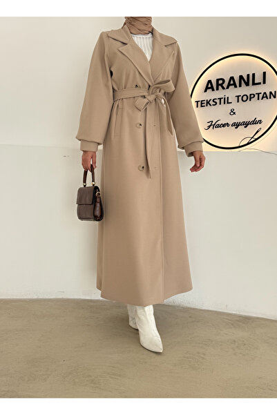 Aranlı tekstil Παλτό Καστανό Χρώμα Ολόσωμο/Γυναικείο παλτό Καστανό Χρώμα με Ζώνη και Μανσέτες