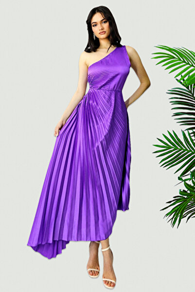 FashionForYou Elza asymmetrical pleated dress, with cutout at the waist, Purple