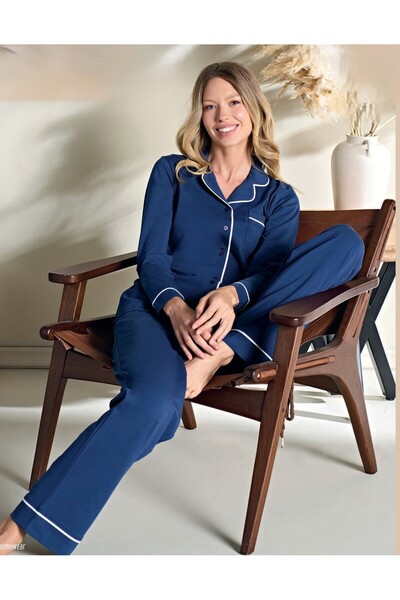 Over Sleep by Poleren LACIVERT UZUN KOLLU PİJAMA TAKIMI 3104