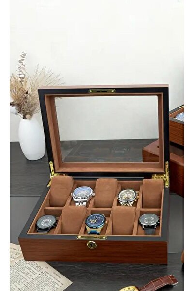 zyc Premium Special Series Wooden 10-Slot Watch Storage Box with Glass Lid & Lock 26X20X8 cm