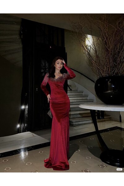 Larenmoda Kalp yaka taşlı kadife uzun abiye