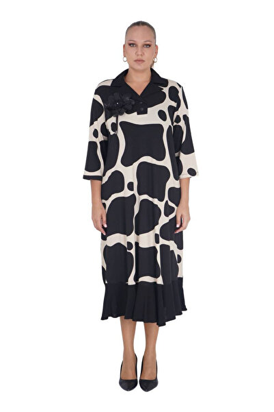 Darkmen Plus Size Floral Motif Patterned Ruffled Oversized Long Viscose Dress