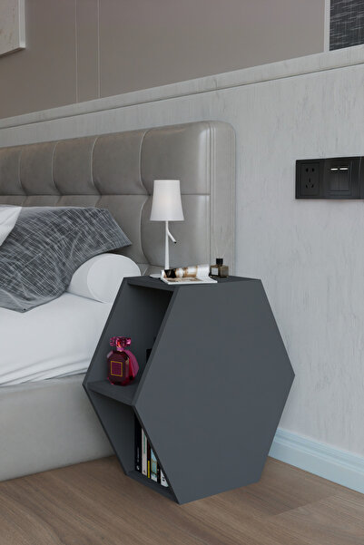 alpaevmobilya Altıgen Komodin, Modern Yatak Odası Başucu Sehpası, Dekoratif Kitaplık,Raflı Komodin