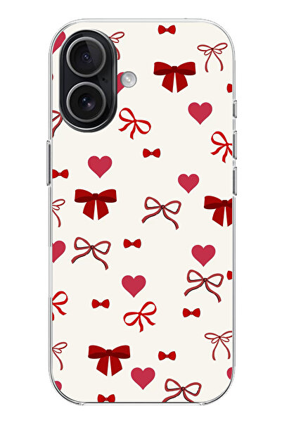 TechTree حافظة سيليكون متوافقة مع هاتف iPhone 17 باللون العنابي على شكل قلب وفيونكات مطبوع