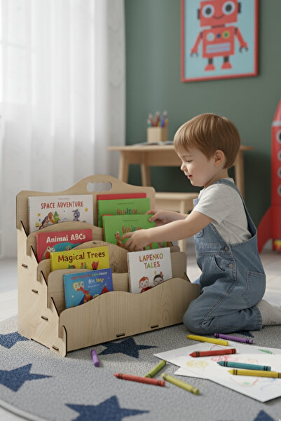 Simux Carry Montessori Uyumlu Ahşap Demonte Çocuk Kitaplığı – Doğal, Taşınabi...
