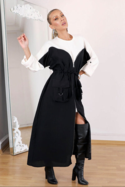 AYASOFYA OTANTIK Women's Black and White Long Dress with Modal Fabric on the Top and Parachute Fabric on the Bottom, Zipper Closure