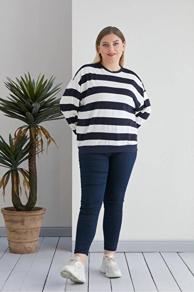 MODA Hanorac de damă cu dungi, croială largă, mărime mare