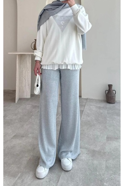 Butik N&G Beli Lastikli Simli Taşlı Bol Paça Triko Pantolon