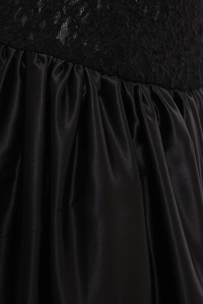 Keikei Siyah Saten Kolsuz Uzun Elbise