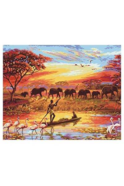 Painting by numbers Set pictură după numere: peisaj de savană cu lac și elefa...