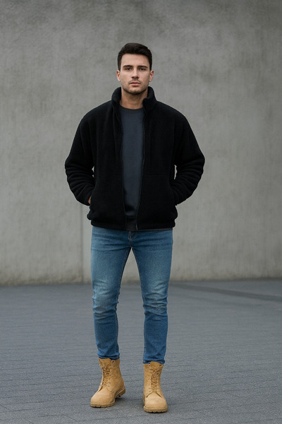 Erkek pelüş çeket kalın oversize fermuarlı
