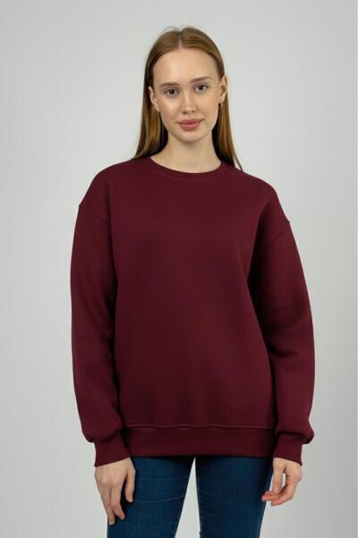 Betimoda Women's Basic Cotton Fleece-Lined Crew Neck Sweatshirt Burgundy