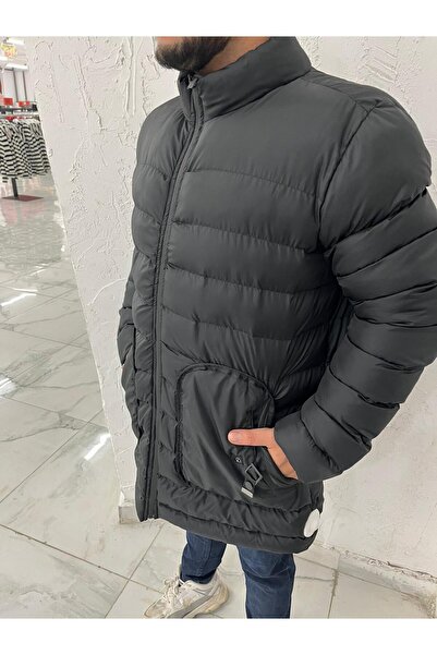 Sublime Butik Erkek Siyah Şişme Uzun Bel Altı Cepli Mont Fermuarlı