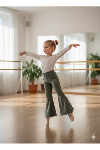 Şimo Butik Kız Çocuk Fransız Kadife Geniş Dökümlü İspanyol Paça Tayt Yeşil