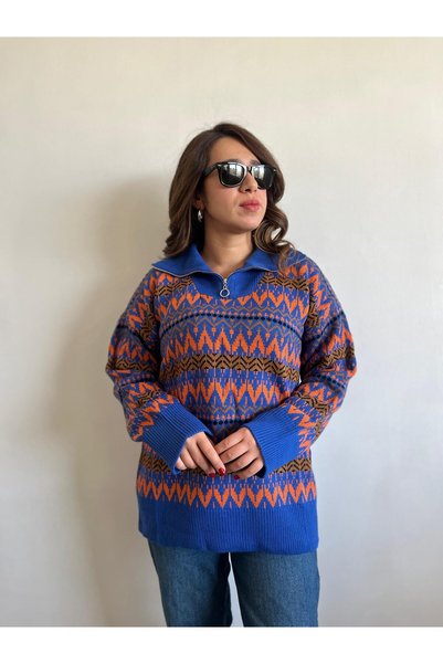 Gizybutik Yaka Fermuarlı Desenli Kadın Kazak