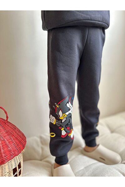 Patriko Boys' Sonic&Shadow Detailled Black Color Inner Fleece New Season Winter 3-10 Years Old Bottom-Up Top Set