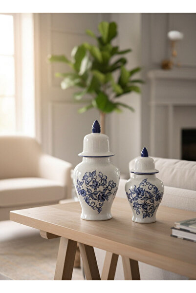 Liora Ceramic Mavi Beyaz Seramik Şah Küp - 28x14cm, 24x13cm