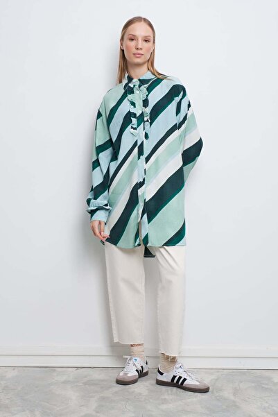 mavi limon Asimetrik Desen Vintage Gömlek