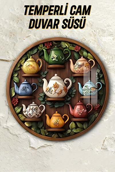 kutuTR 3D Görünümlü Temperli Cam Tablo – Renkli Çaydanlıklar Duvar Süsü UV Baskı 33x33 cm-CDS045
