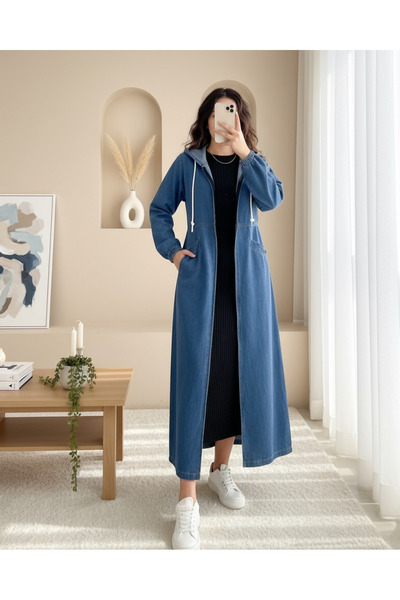 MissRunin Yan Cepli Kolu Lastikli Kapşonlu Kot Kap