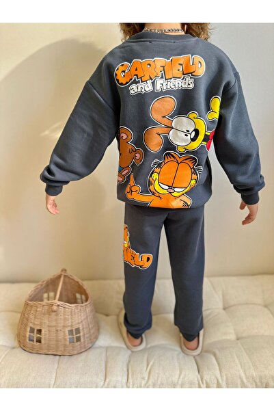 Patriko Boys' Garfi̇eld Odi̇e Detailled Gray Color Inner Fleece New Season Winter Wear 3-10 Years Old Bottom-Up Set