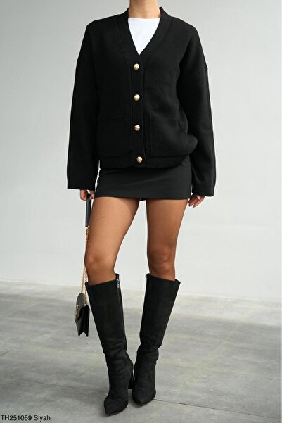 CADDELAMODA Cardigan cu nasturi aurii cu decolteu în V pentru femei