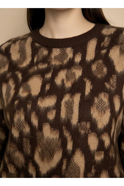 Store Leopar Desenli Yuvarlak Yaka Triko Tunik