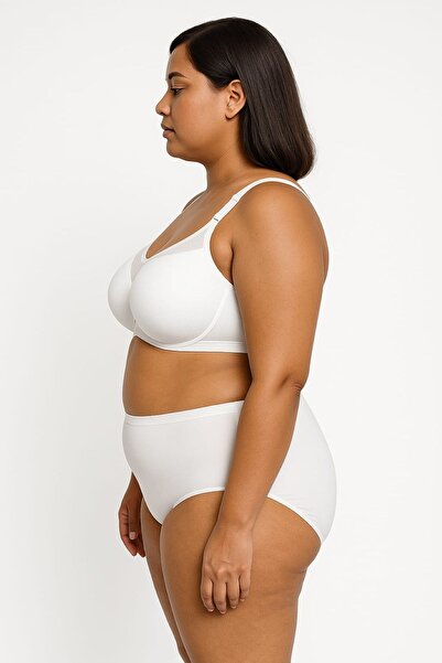 enmodaiçgiyim White Plus Size C Cup Tulle Detailed Shaping / Sculpting Bra – Without Underwire, Soft Sponge