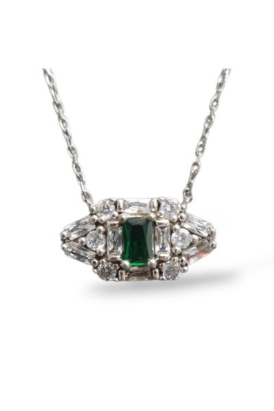 Sln Gümüş Zümrüt Yeşili Kristal Taşlı Gümüş Kolye