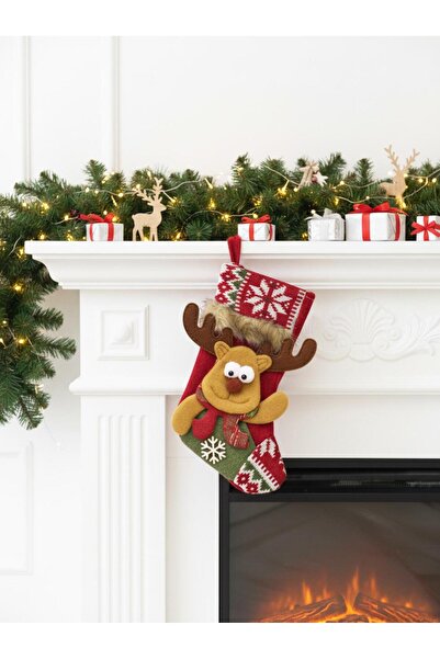 Parti Adresi Yılbaşı Çorabı Geyik Figürlü Desenli Şömine Dekoru Hediyelik Çorap 22 cm