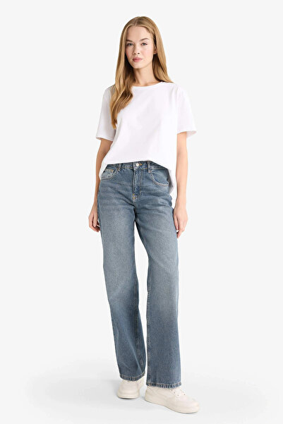 DeFacto F5527AXNM28 بنطلون جينز طويل مستقيم وواسع بخصر عالٍ باللون الأزرق قاب...