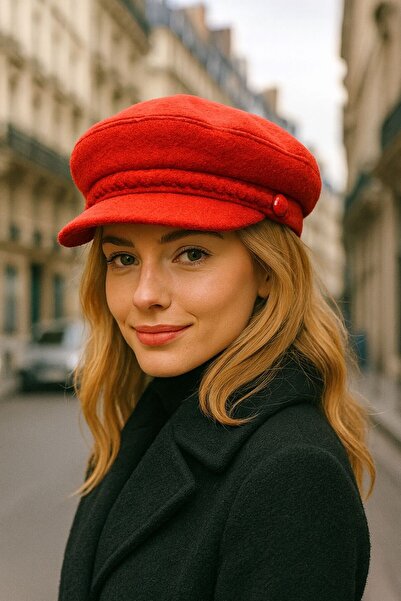 MARBERRY Căciulă roșie pentru femei cu detaliu de accesoriu cu ștampila