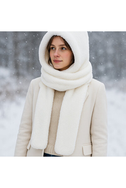 Misue Handmade Women's Winter Plush Hooded Scarf Beanie Shawl 3-in-1, Welsoft Neck Collar Shawl Windproof Hat