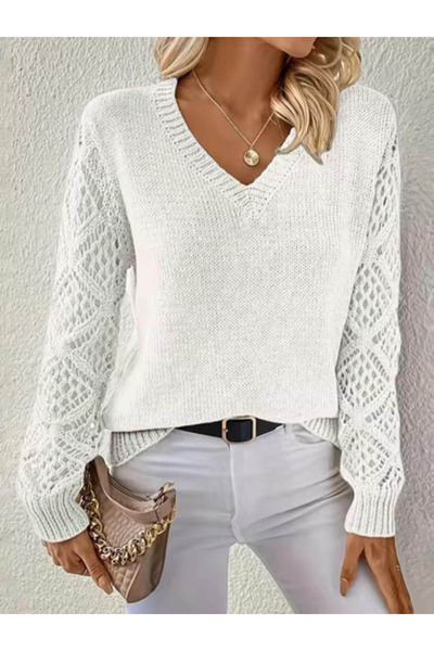 buğrahayalin    Women's Long Sleeve V Neck Sleeve Hollowed Out Diamond Pattern Detailed Knitwear Sweater