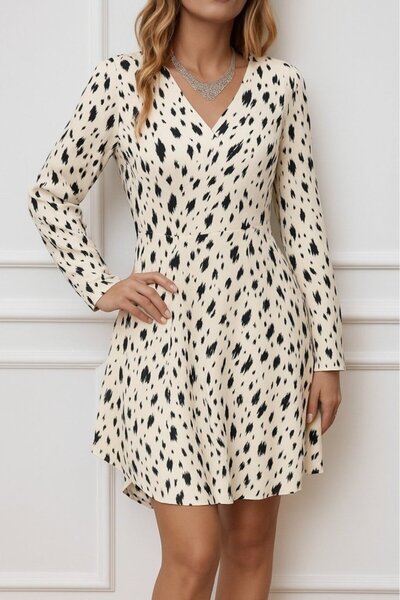 buğrahayalin Women's Long Sleeve V Neck Print Short Linen Dress