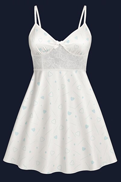 Nice Model Women's Heart Print Nightgown with Lace Detail Spaghetti Strap Sleepwear Mini Dress Loungewear