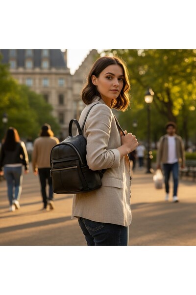 Lucmark women's backpack handbag, genuine leather, classic design, 25 x 10 x 27 cm, Black