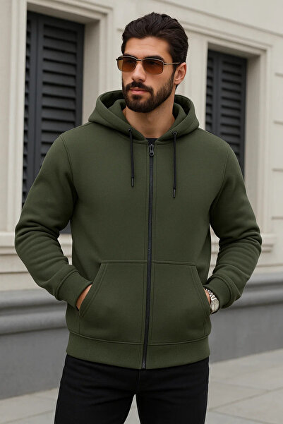 DAMGA JEANS سترة شتوية للرجال قصة فضفاضة كاكي كابسونلي بسحاب