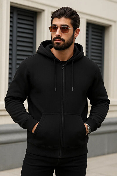 DAMGA JEANS Ανδρικό χειμερινό oversized μαύρο φούτερ με φερμουάρ