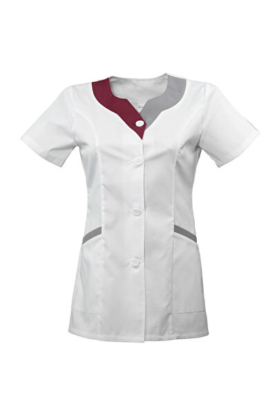 AVD SAFETY White women's medical blouse with navy and gray details - slim cut, elegant model with buttons