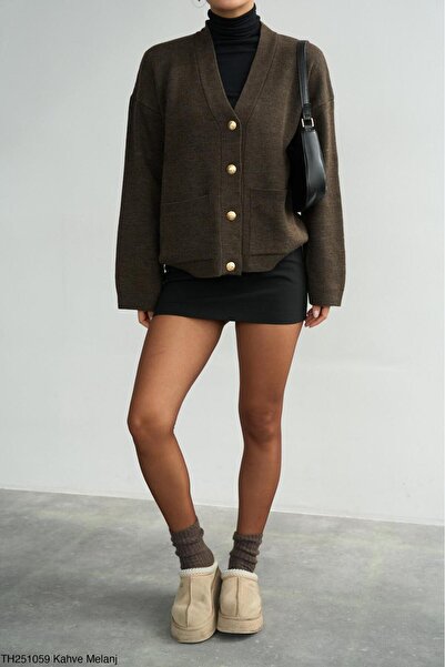 CADDELAMODA Women's V-Neck Gold Buttoned Cardigan with Pockets