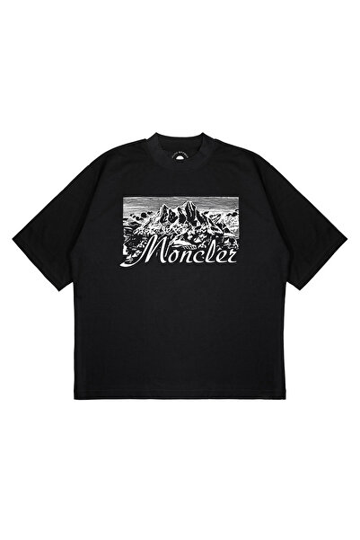 PURE EFFECT Μπλουζάκι Unisex oversized STRIPED MOUNTAIN TEXT Bas με τύπωμα xy Fit από χοντρό ύφασμα