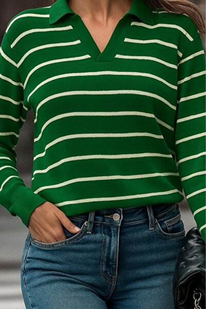 buğrahayalin    Women's Long Sleeve V-Neck Striped Knitwear Blouse