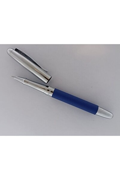 Ecada stilou metalic, corp acoperit cu piele albastră și capac argintiu lucio...